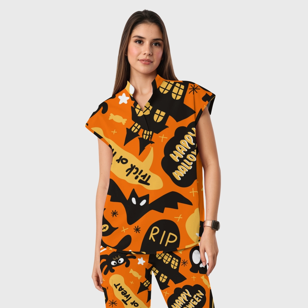 Women's Open Collar Halloween Printed Scrub Set SH9257