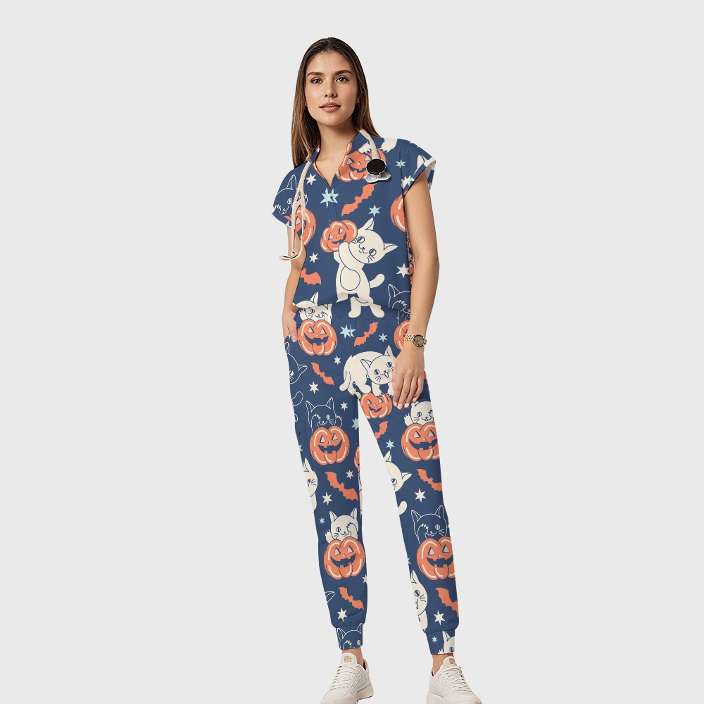 Women's Open Collar Halloween Printed Scrub Set SH9258