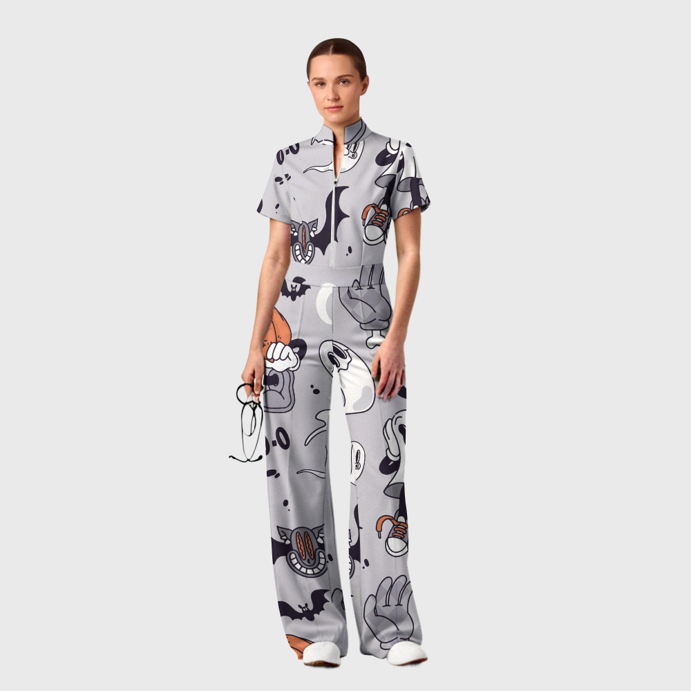 Women's Slim Fit Wide Leg Zip Neck Halloween Printed Scrub Jumpsuit SJ9256