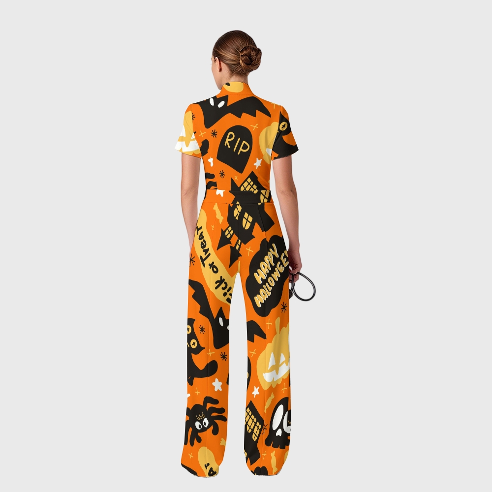 Women's Slim Fit Wide Leg Zip Neck Halloween Printed Scrub Jumpsuit SJ9257