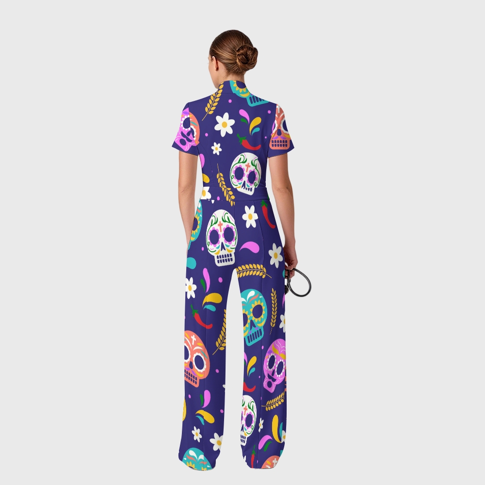 Women's Slim Fit Wide Leg Zip Neck Halloween Printed Scrub Jumpsuit SJ9259