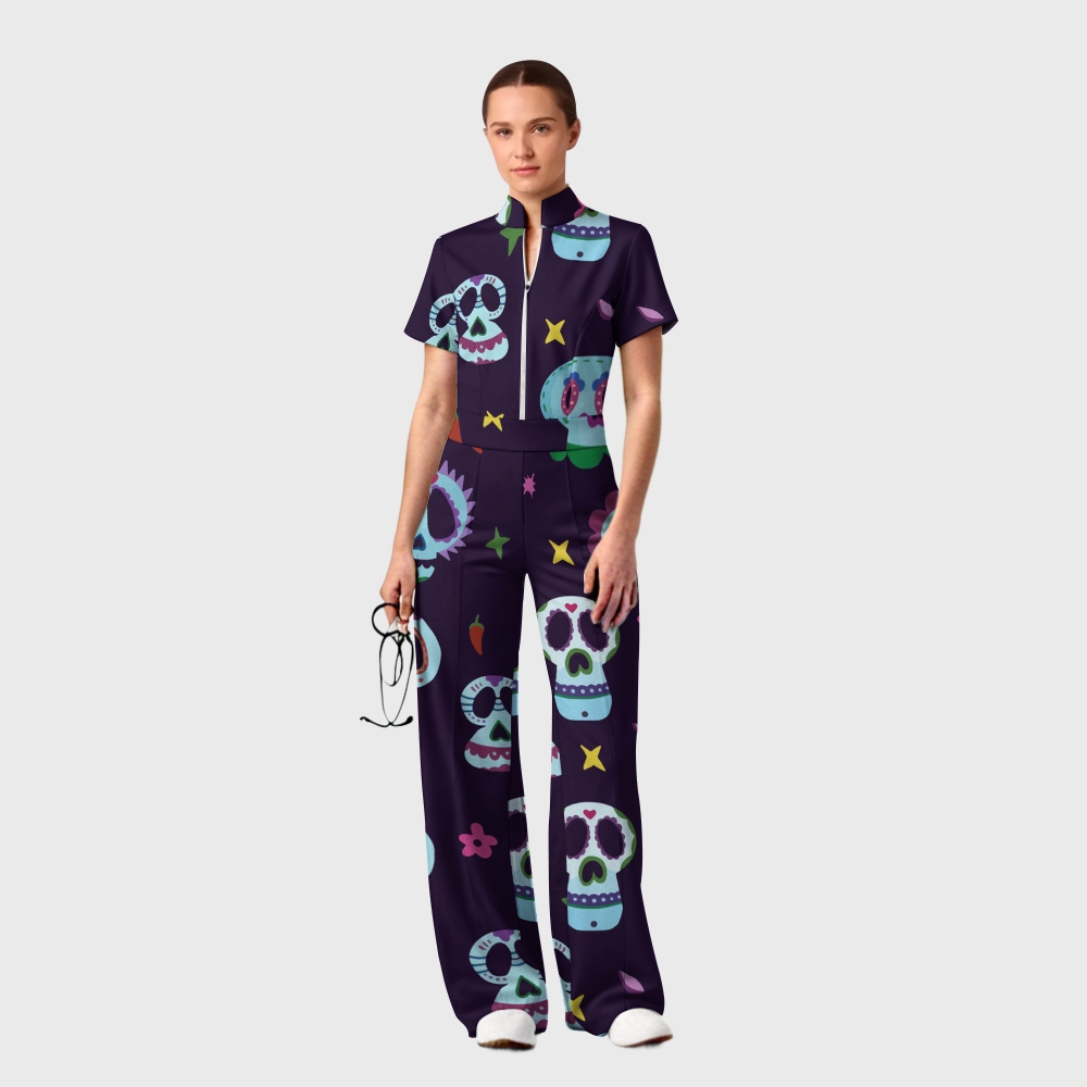 Women's Slim Fit Wide Leg Zip Neck Halloween Printed Scrub Jumpsuit SJ92510