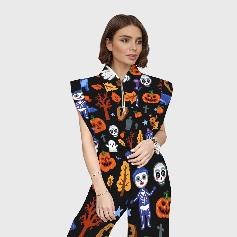Women's Stand-Up Tie Zipper Halloween Printed Scrub Set SW9272