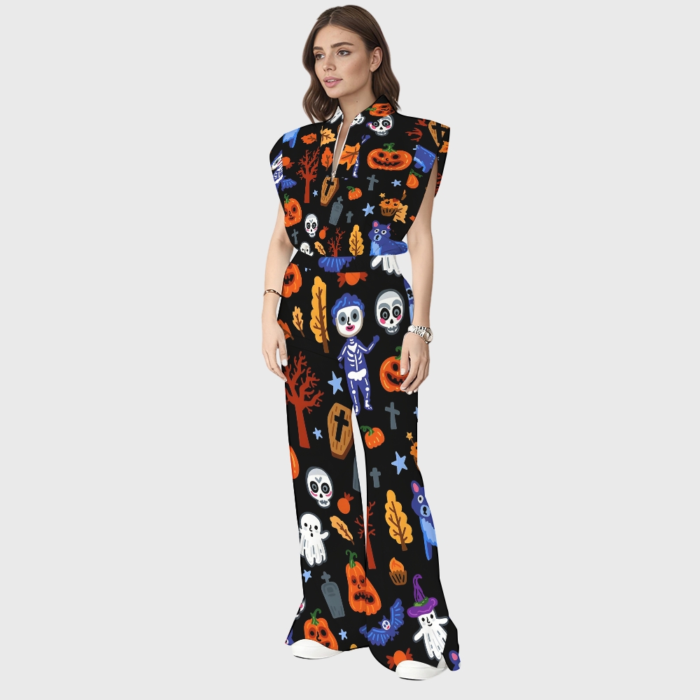 Women's Stand-Up Tie Zipper Halloween Printed Scrub Set SW9272