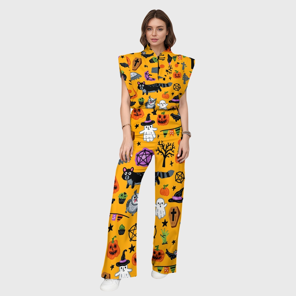 Women's Stand-Up Tie Zipper Halloween Printed Scrub Set SW9274