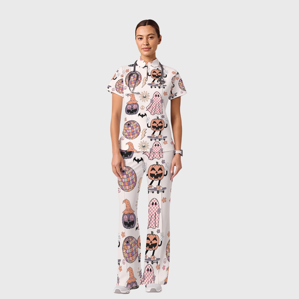 Women's Casual Shirt Collar Halloween Printed Scrub Set SJ9274