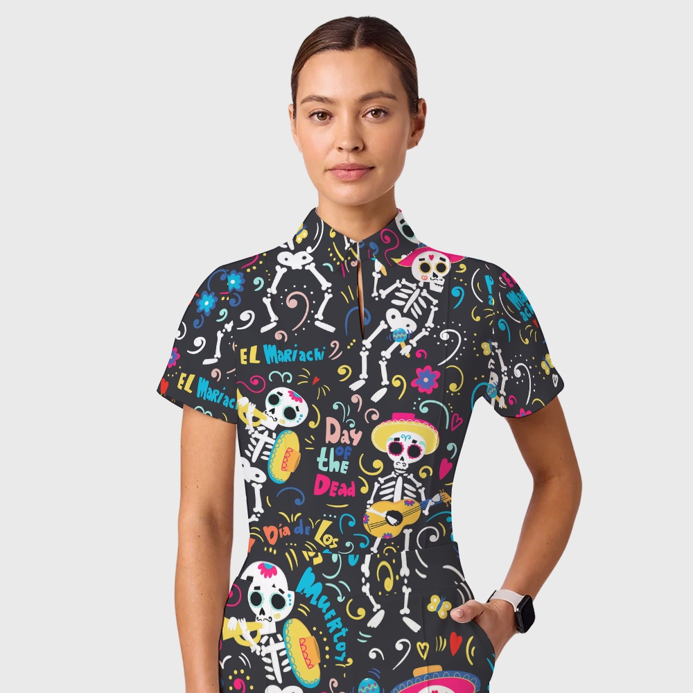 Women's Casual Shirt Collar Halloween Printed Scrub Set SJ9277