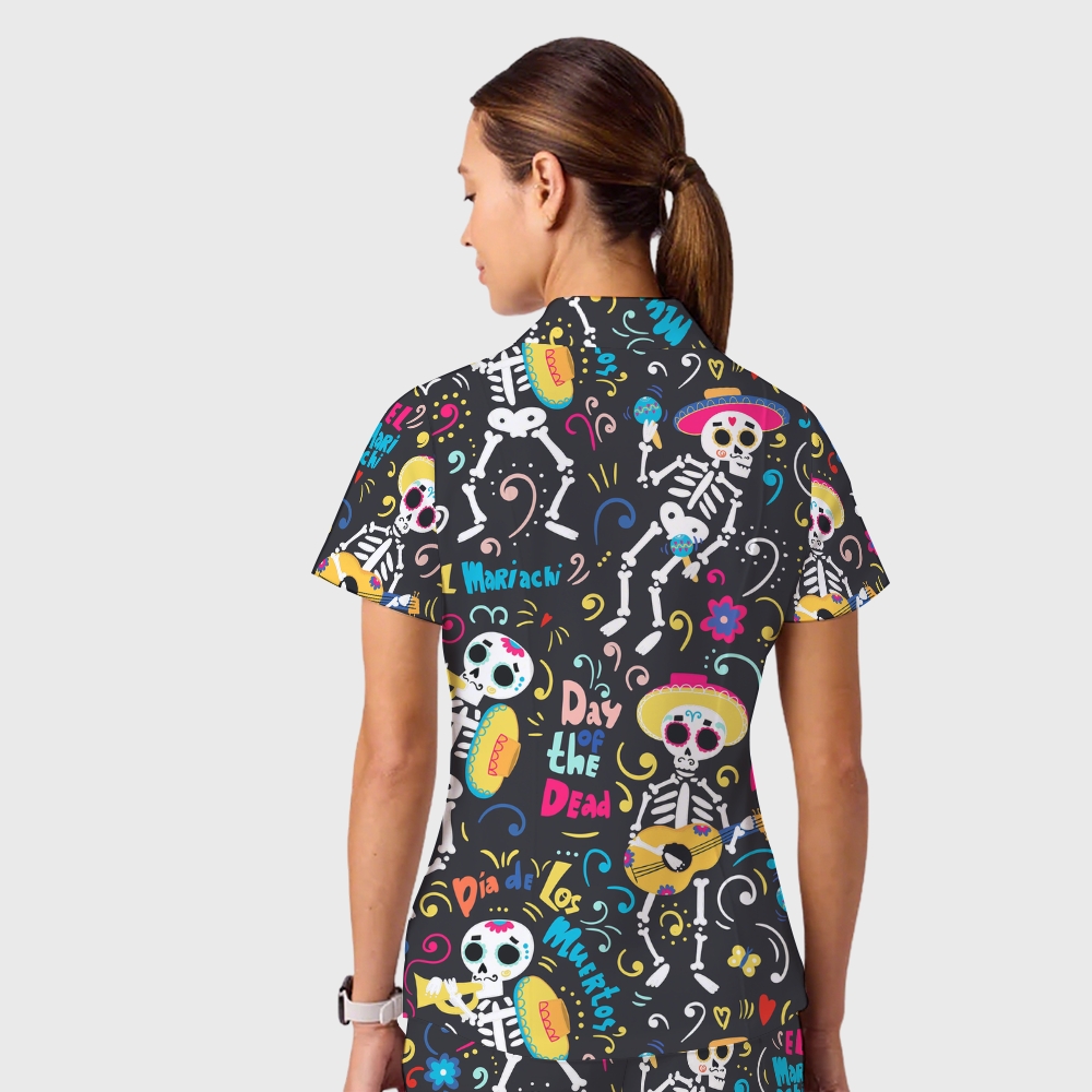 Women's Casual Shirt Collar Halloween Printed Scrub Set SJ9277