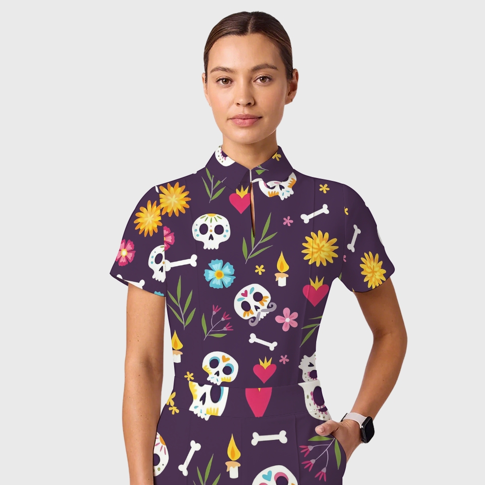 Women's Casual Shirt Collar Halloween Printed Scrub Set SJ9278