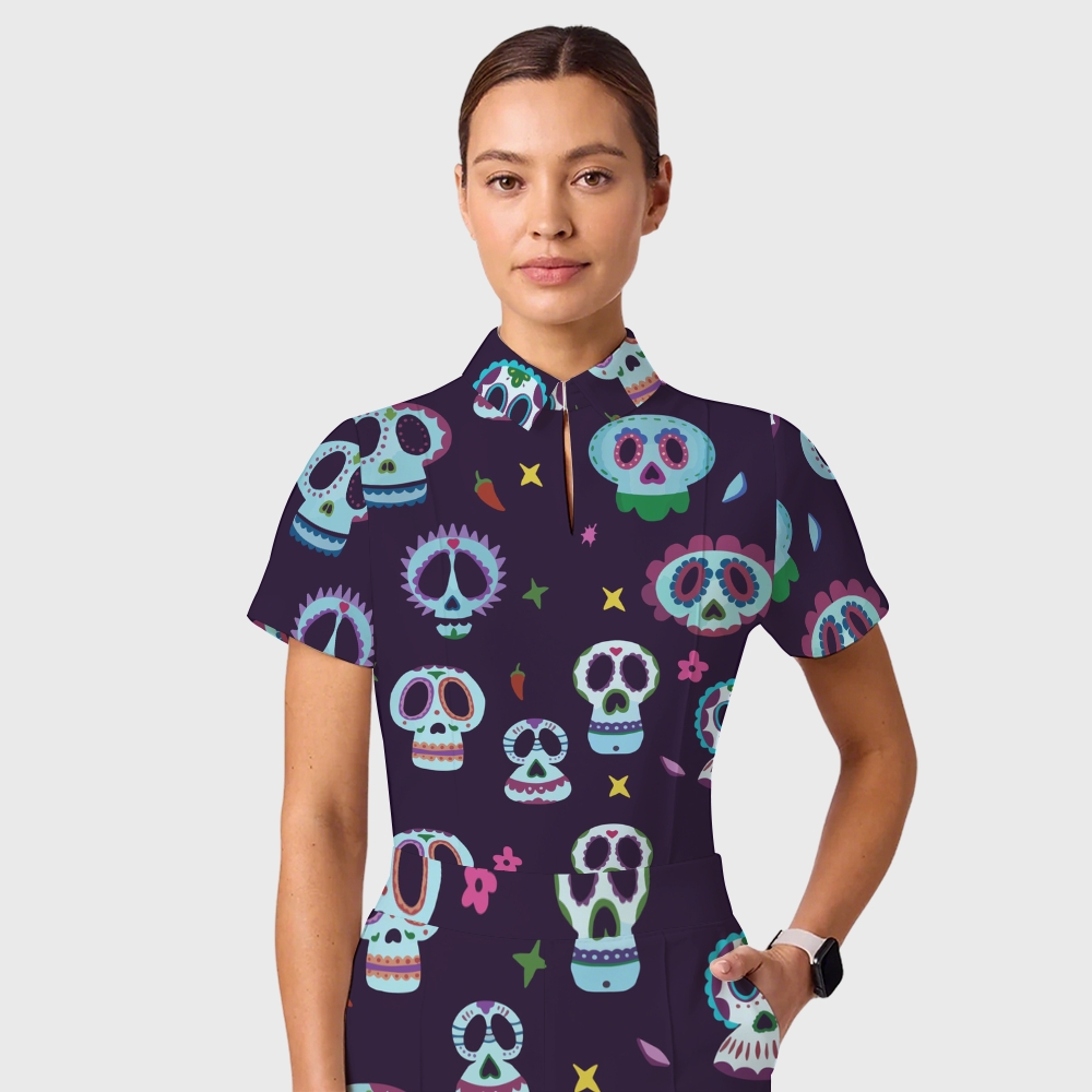Women's Casual Shirt Collar Halloween Printed Scrub Set SJ9279