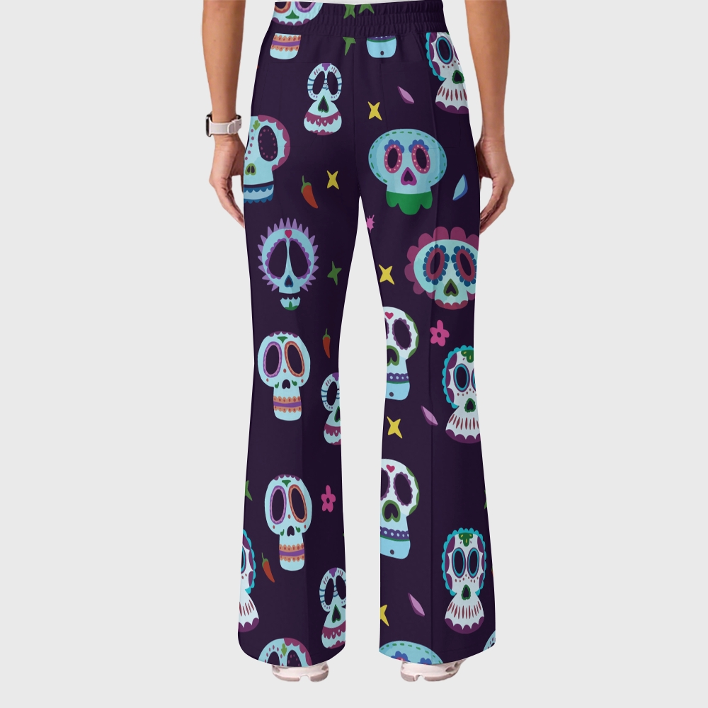 Women's Casual Shirt Collar Halloween Printed Scrub Set SJ9279