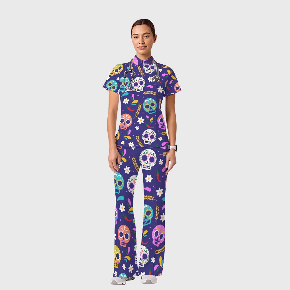 Women's Casual Shirt Collar Halloween Printed Scrub Set SJ92710