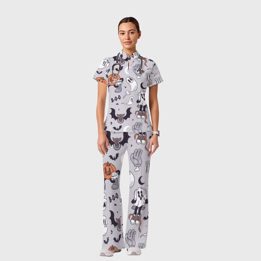 Women's Casual Shirt Collar Halloween Printed Scrub Set SJ92712