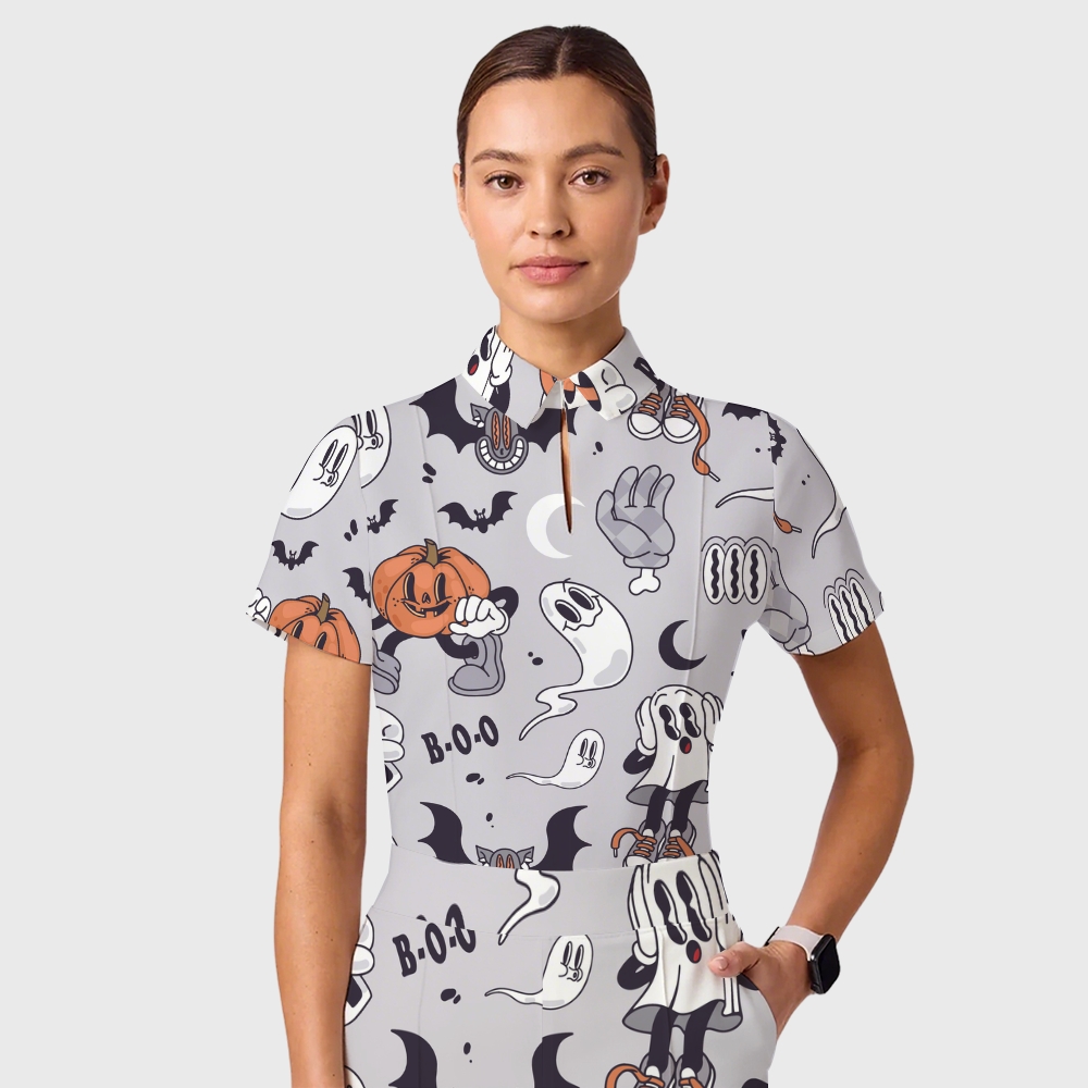 Women's Casual Shirt Collar Halloween Printed Scrub Set SJ92712