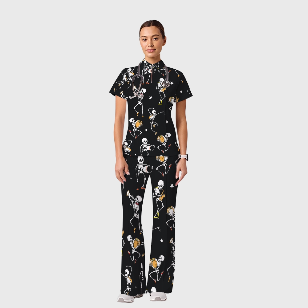 Women's Casual Shirt Collar Halloween Printed Scrub Set SJ92714