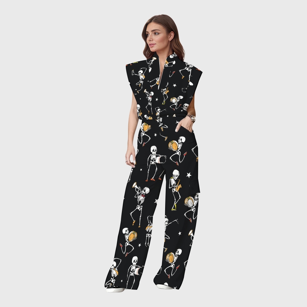 Women's Stand-Up Tie Zipper Halloween Printed Scrub Set SW92716
