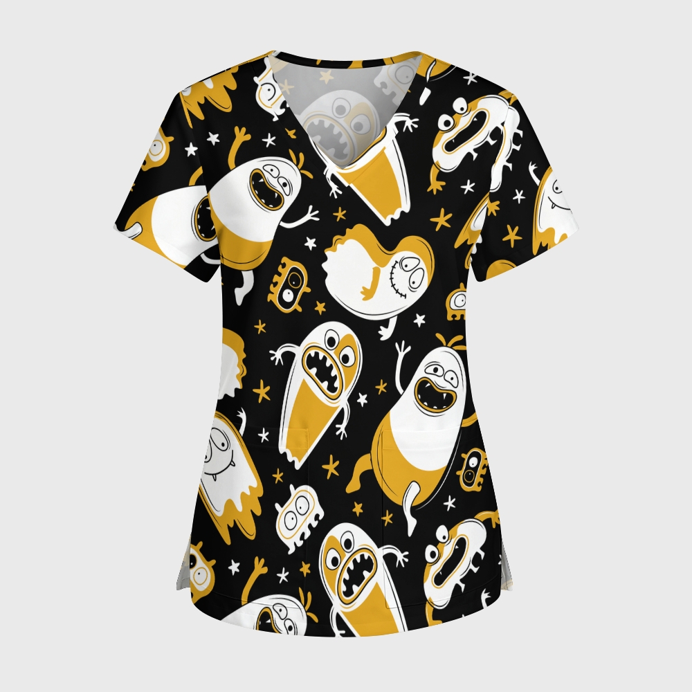 Women's V-Neck Pocket Halloween Printed Scrub Top TW10141