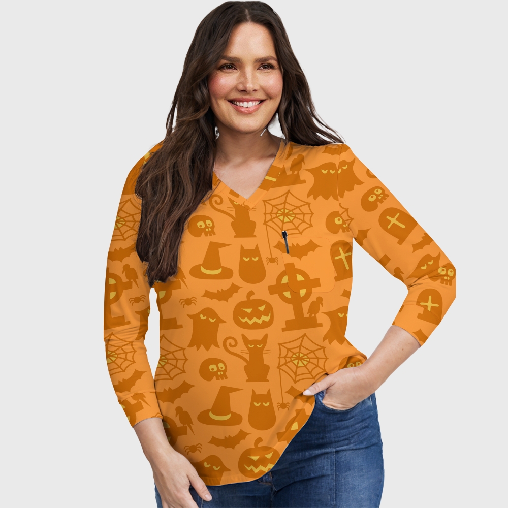 Women's Halloween Printed Long Sleeve Scrub Top with Pockets TW9301