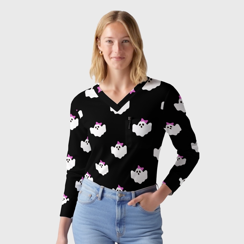 Women's Halloween Printed Long Sleeve Scrub Top with Pockets TW9308