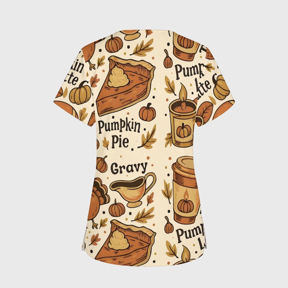 Women's V-Neck Pocket Cartoon Series Printed Scrub Top TW10142