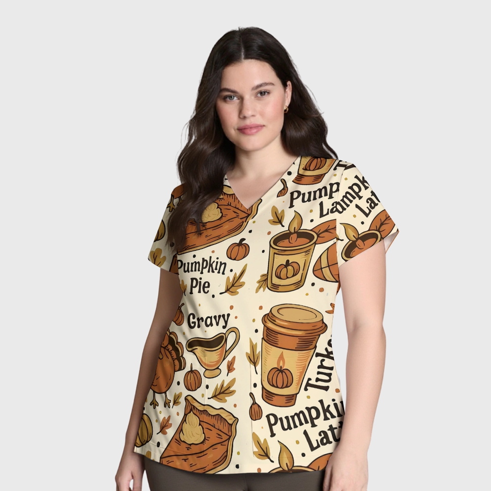 Women's V-Neck Pocket Cartoon Series Printed Scrub Top TW10142