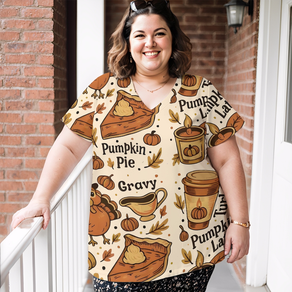 Women's V-Neck Pocket Cartoon Series Printed Scrub Top TW10142