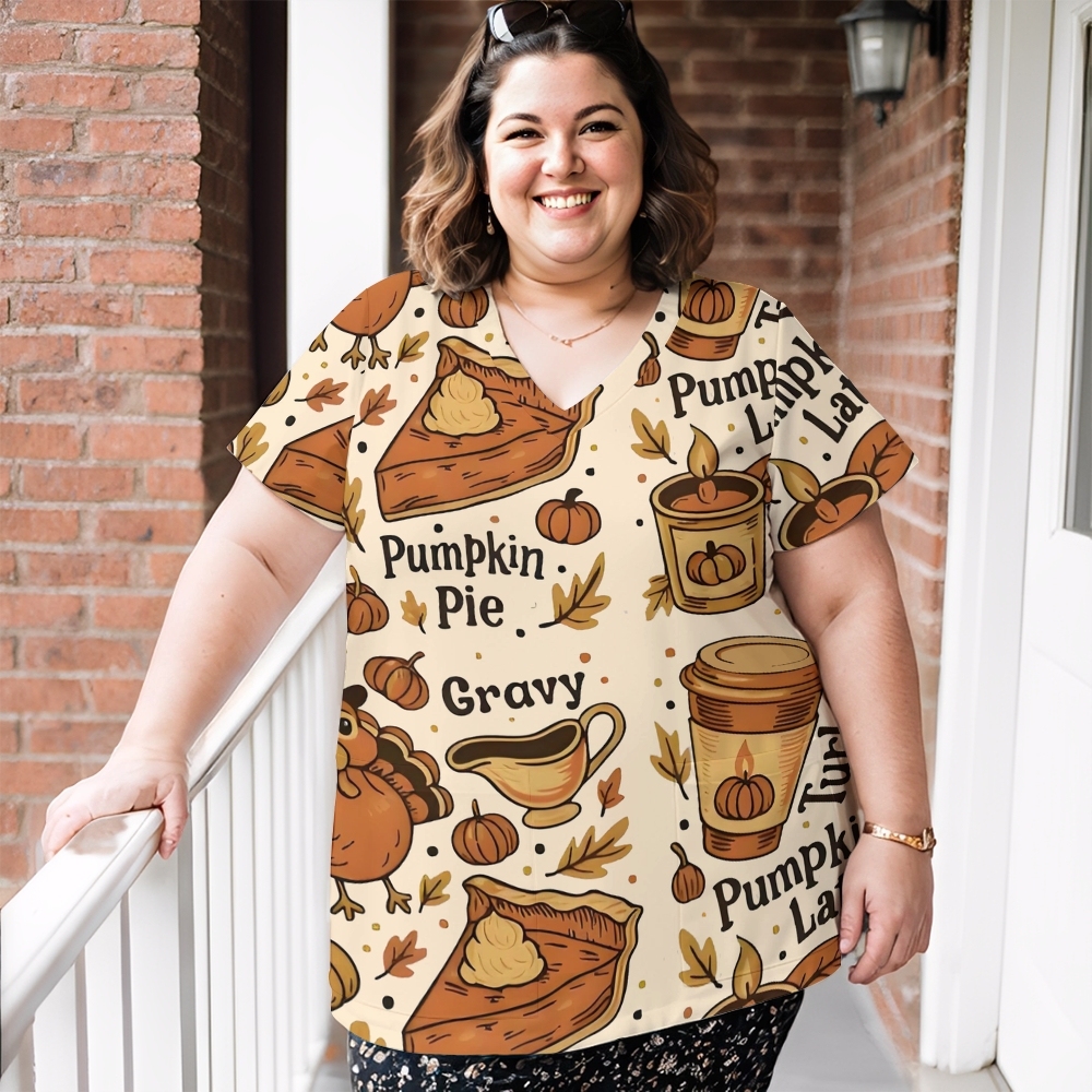 Women's V-Neck Pocket Cartoon Series Printed Scrub Top TW10142