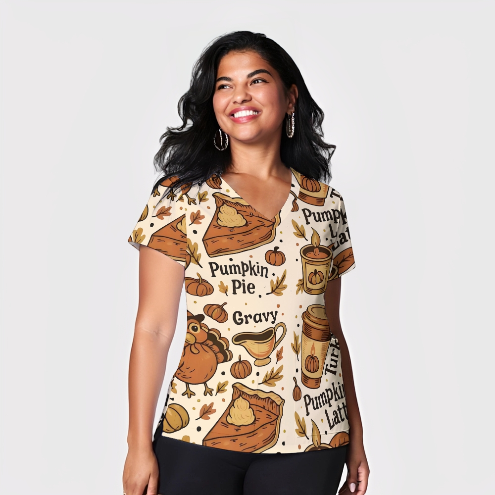 Women's V-Neck Pocket Cartoon Series Printed Scrub Top TW10142