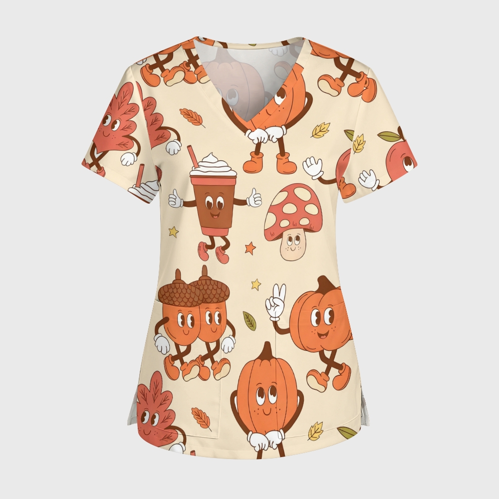 Women's V-Neck Pocket Cartoon Series Printed Scrub Top TW10143