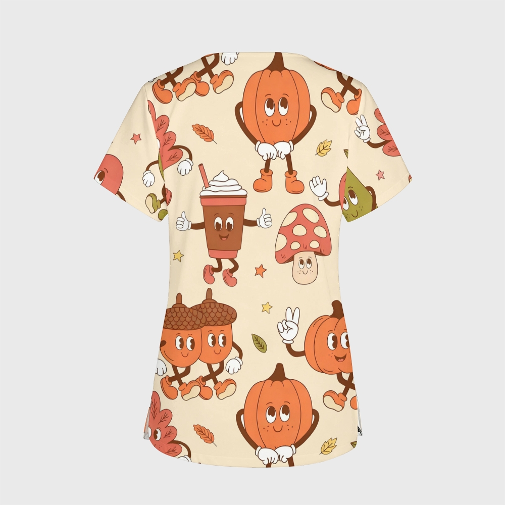 Women's V-Neck Pocket Cartoon Series Printed Scrub Top TW10143