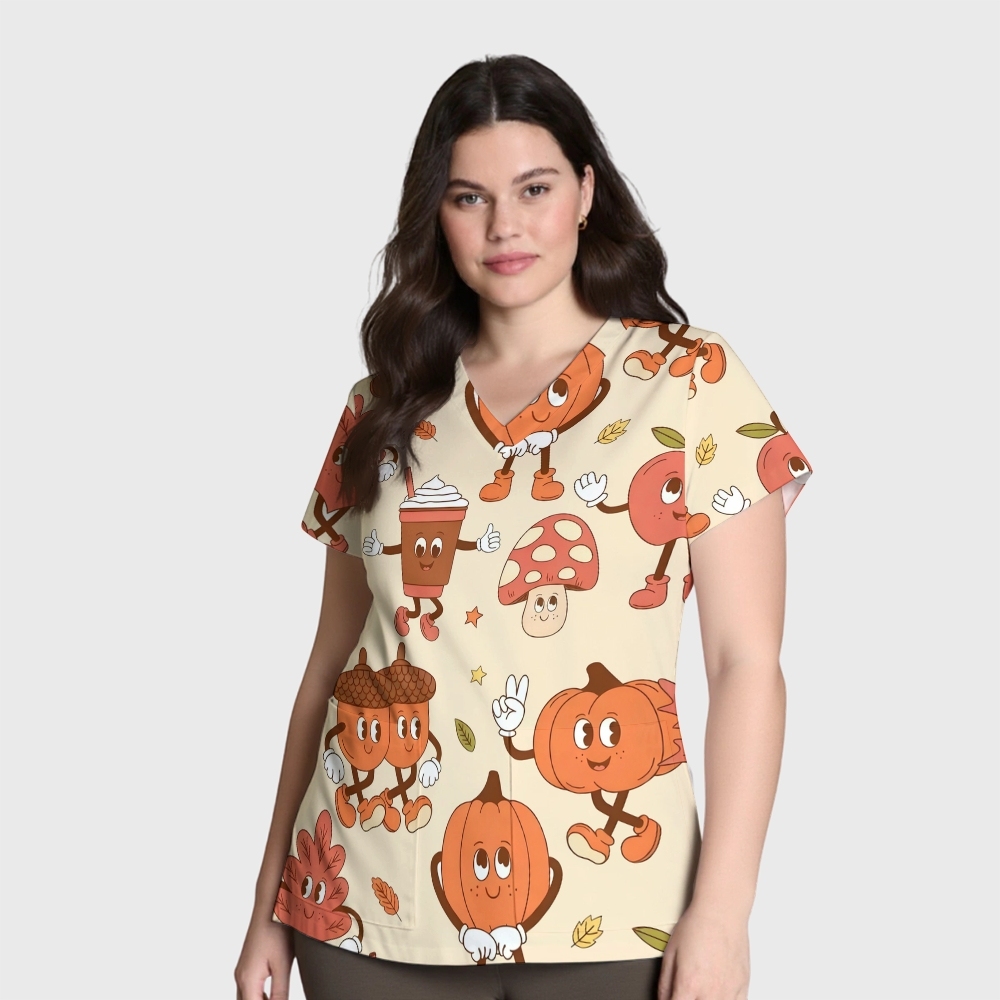 Women's V-Neck Pocket Cartoon Series Printed Scrub Top TW10143