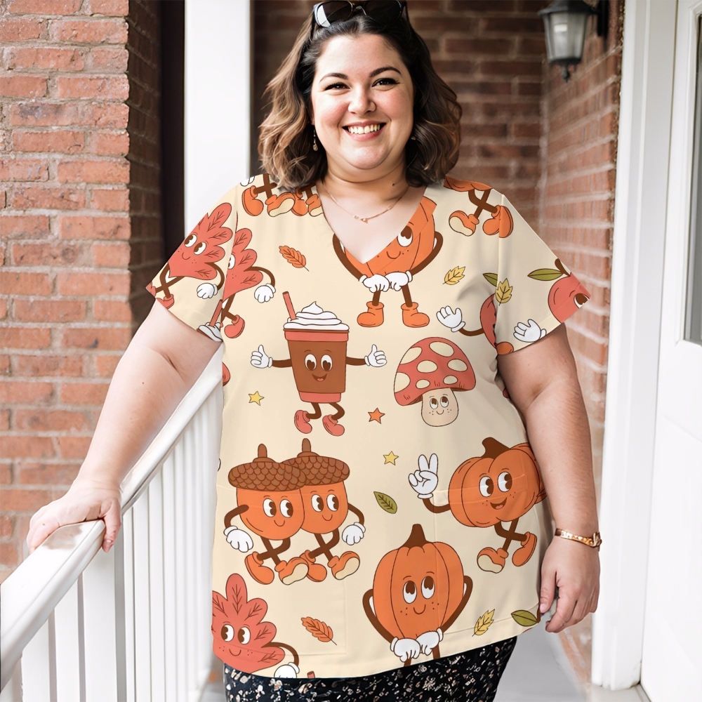 Women's V-Neck Pocket Cartoon Series Printed Scrub Top TW10143