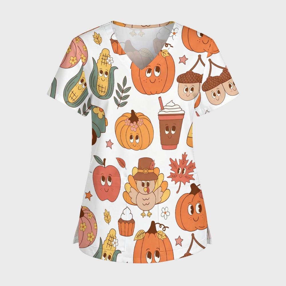 Women's V-Neck 2-Pocket Cartoon Printed Scrub Top TW10144