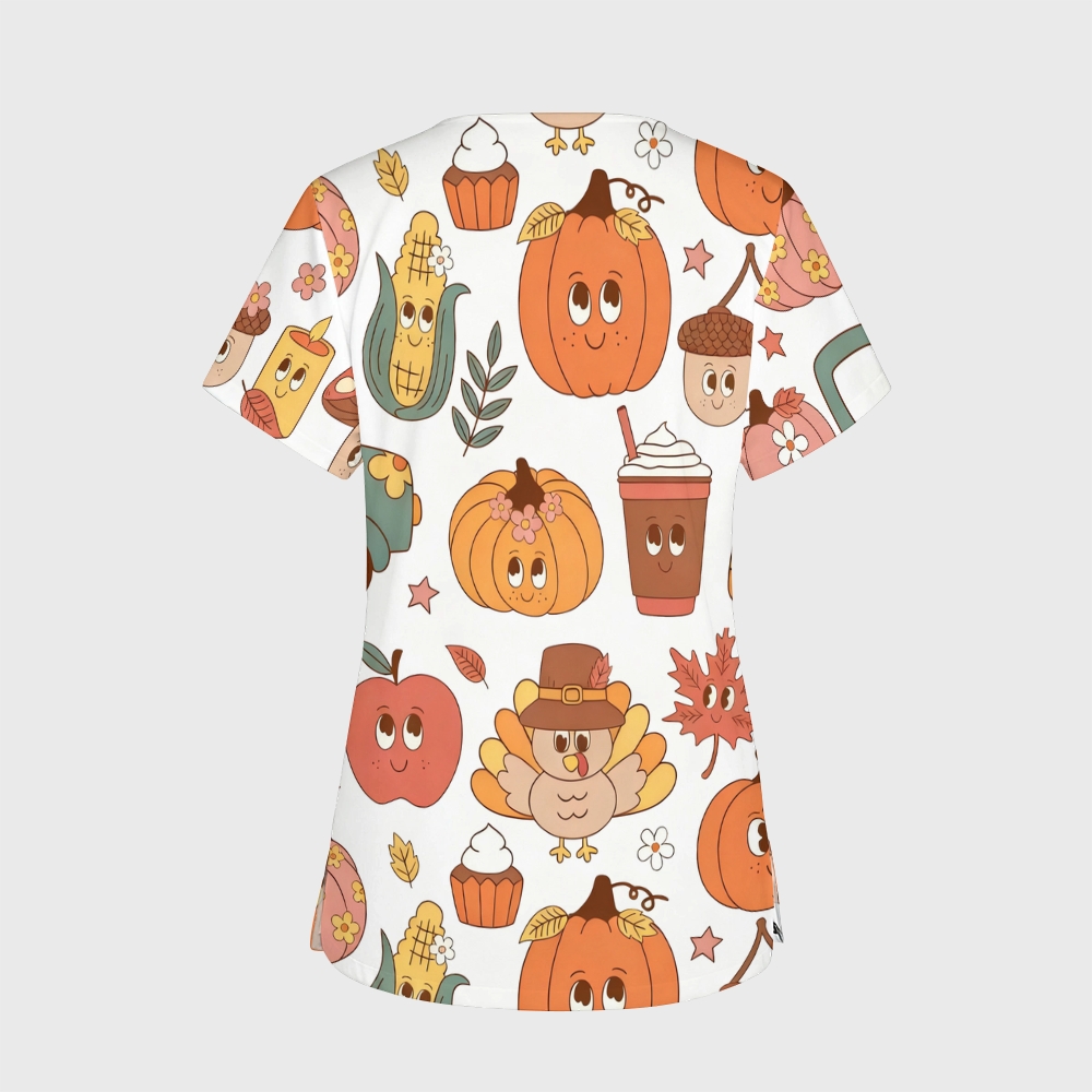 Women's V-Neck 2-Pocket Cartoon Printed Scrub Top TW10144