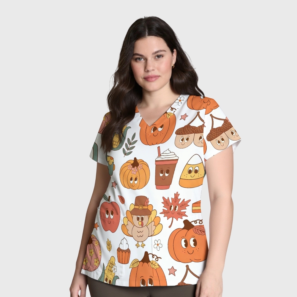 Women's V-Neck 2-Pocket Cartoon Printed Scrub Top TW10144