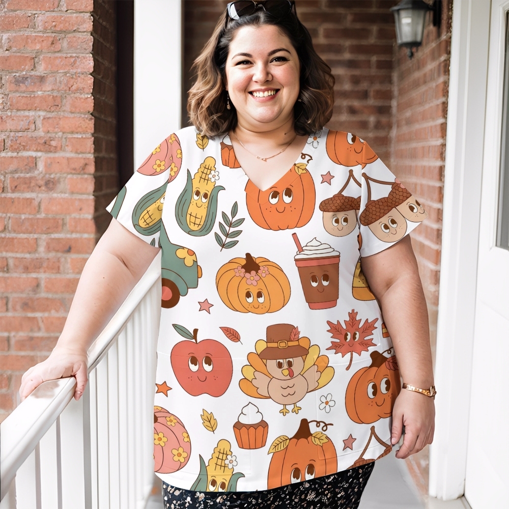 Women's V-Neck 2-Pocket Cartoon Printed Scrub Top TW10144