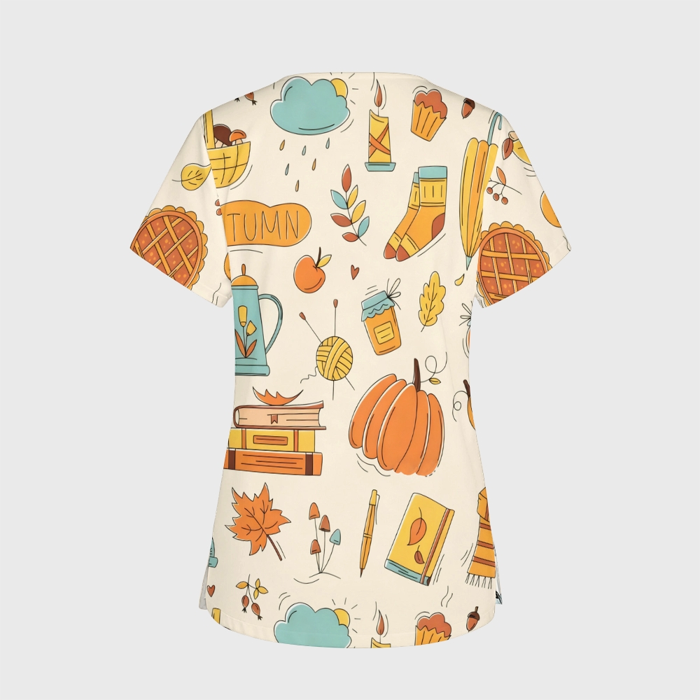 Women's V-Neck Pocket Cartoon Series Printed Scrub Top TW10145