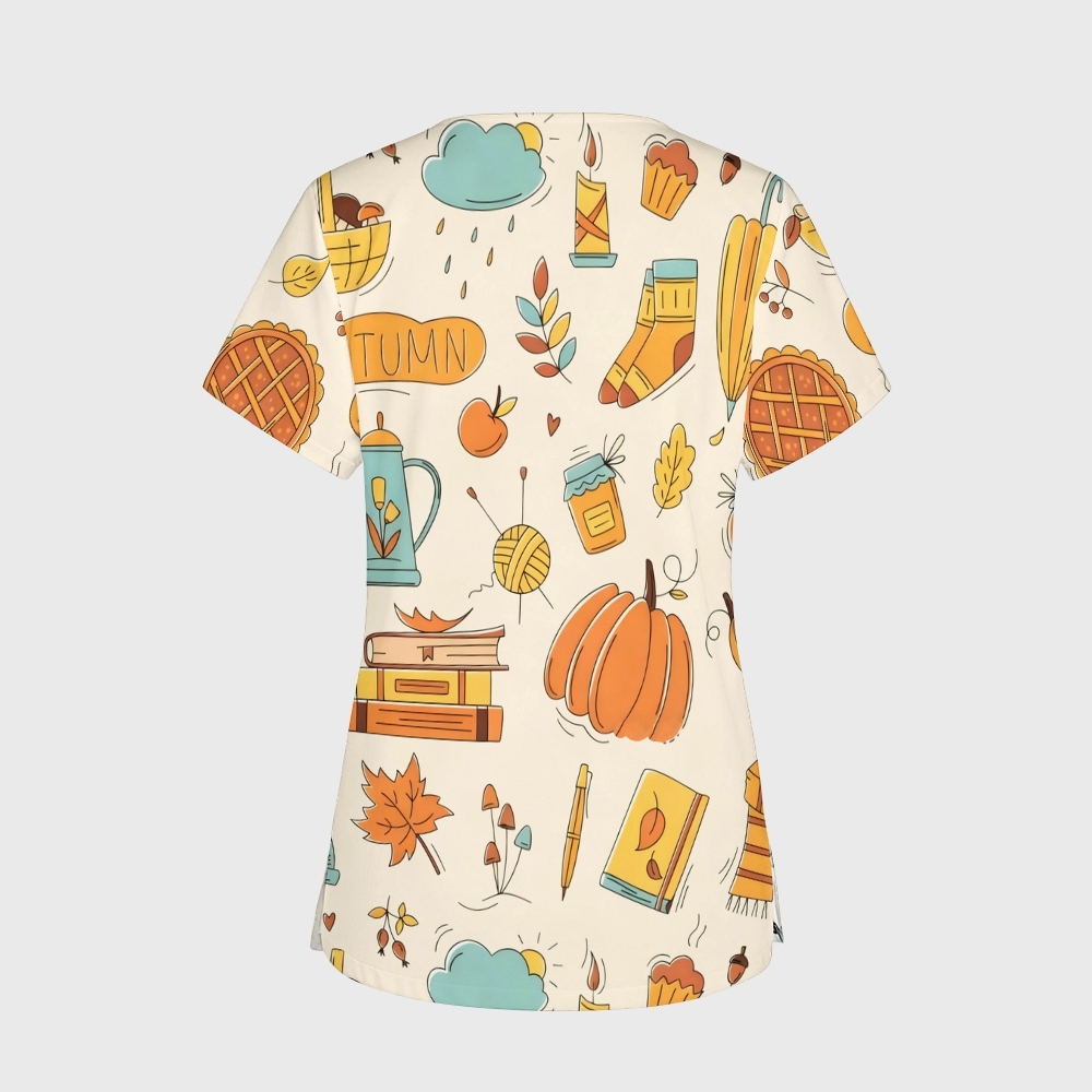 Women's V-Neck Pocket Cartoon Series Printed Scrub Top TW10145