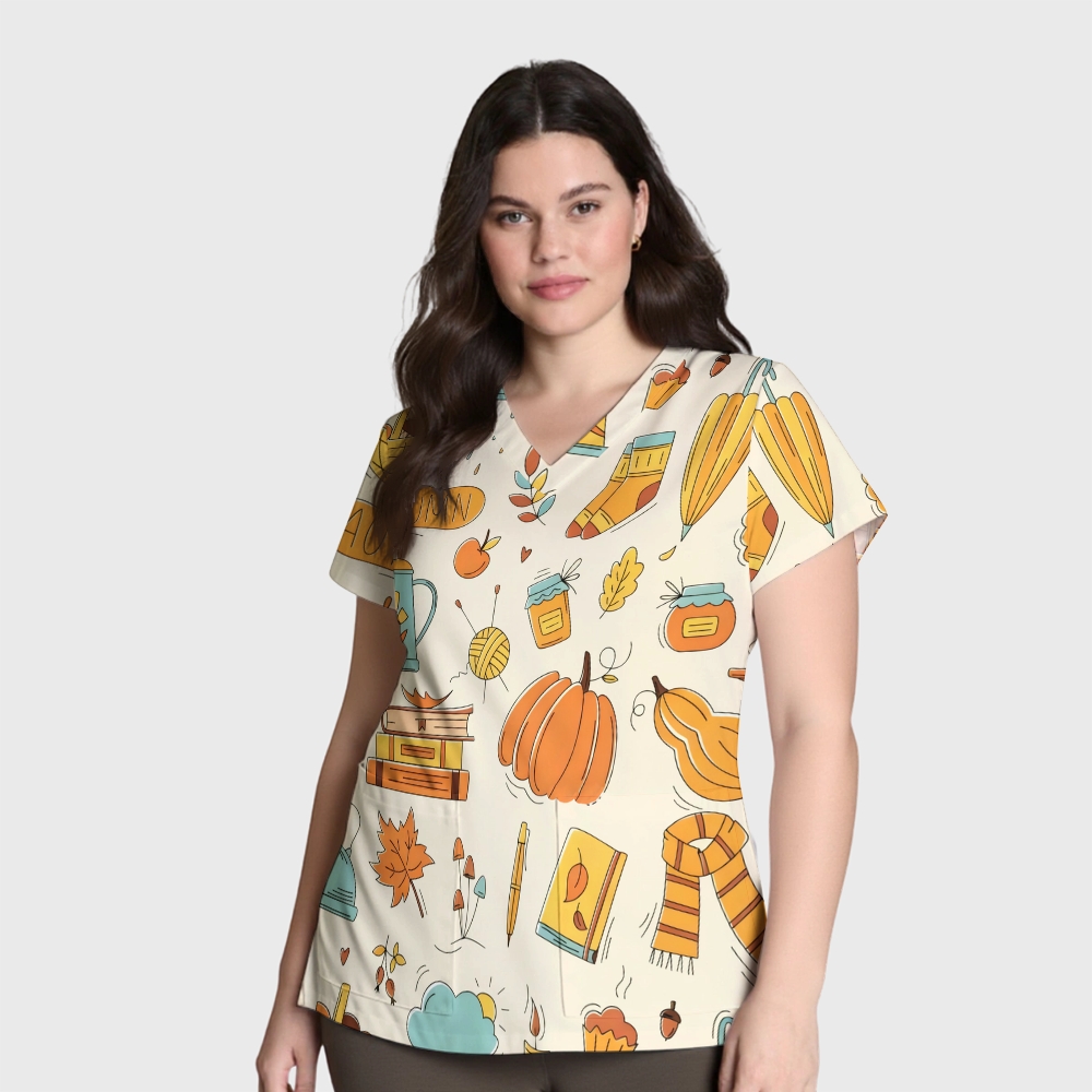Women's V-Neck Pocket Cartoon Series Printed Scrub Top TW10145