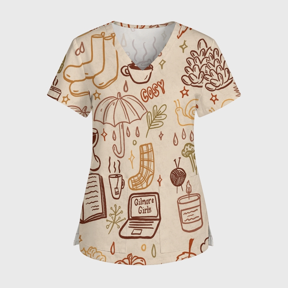 Women's V-Neck Pocket Cartoon Series Printed Scrub Top TW10146