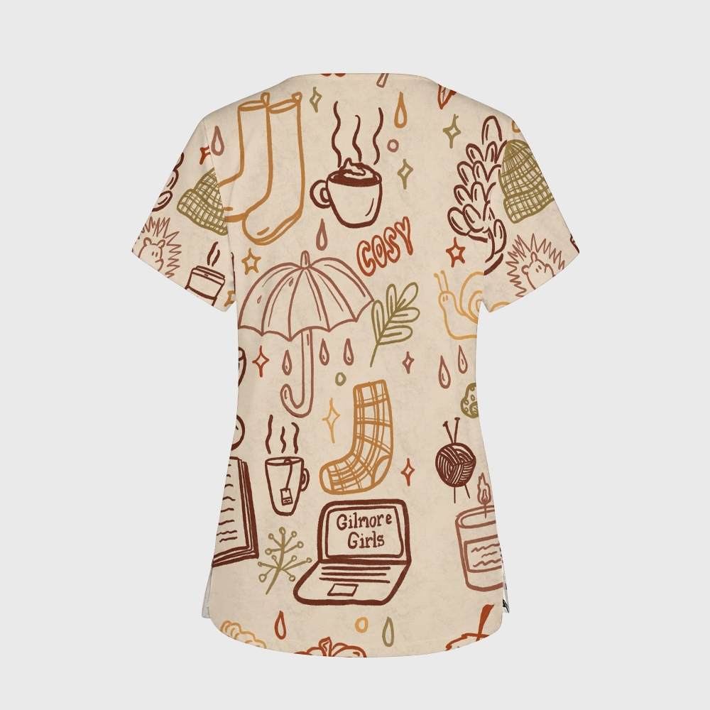 Women's V-Neck Pocket Cartoon Series Printed Scrub Top TW10146