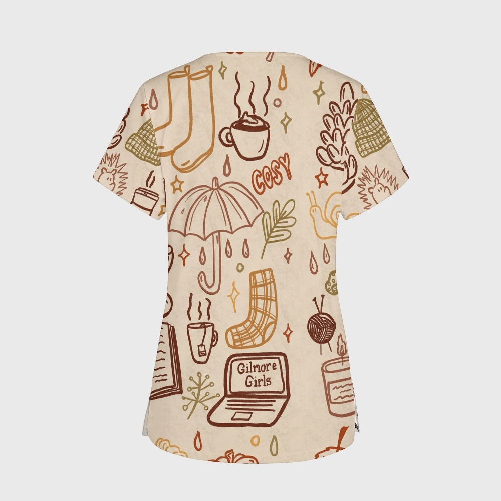 Women's V-Neck Pocket Cartoon Series Printed Scrub Top TW10146