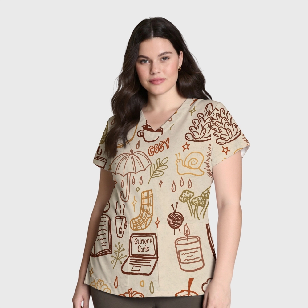 Women's V-Neck Pocket Cartoon Series Printed Scrub Top TW10146