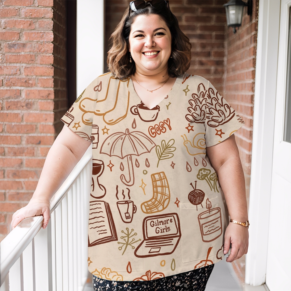 Women's V-Neck Pocket Cartoon Series Printed Scrub Top TW10146