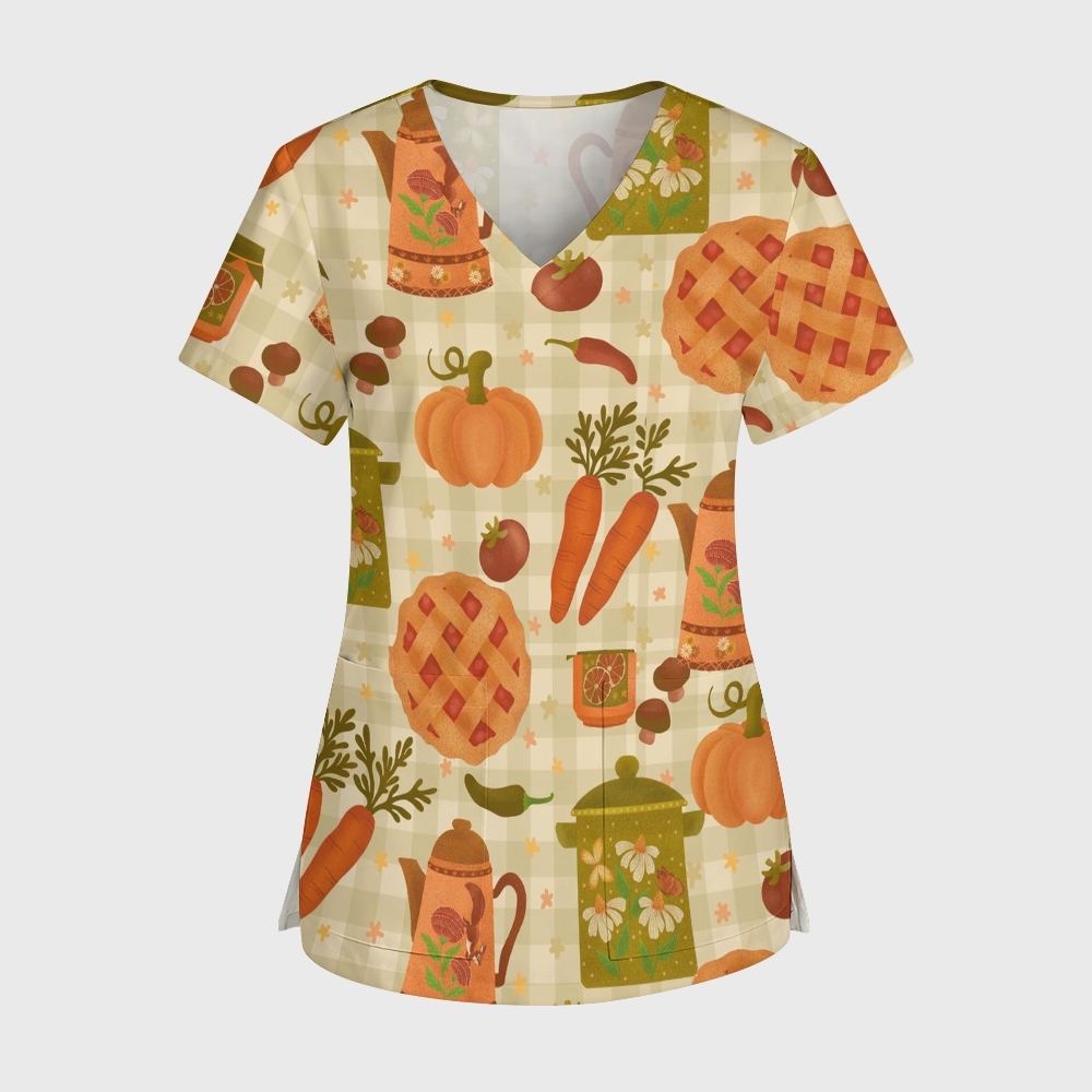 Women's V-Neck Pocket Cartoon Series Printed Scrub Top TW10147