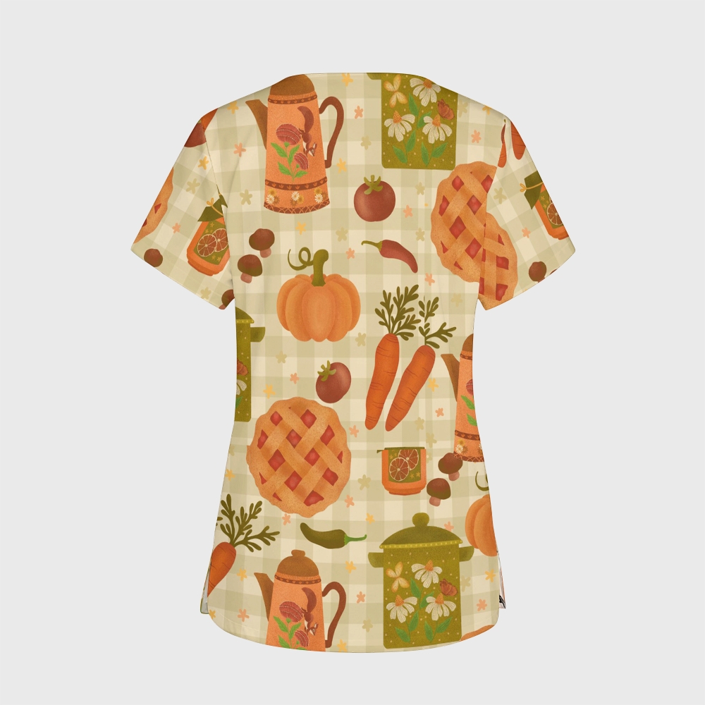 Women's V-Neck Pocket Cartoon Series Printed Scrub Top TW10147