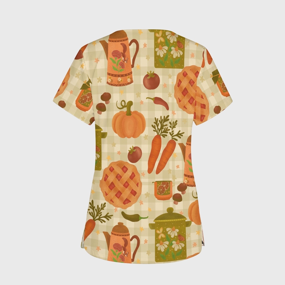 Women's V-Neck Pocket Cartoon Series Printed Scrub Top TW10147