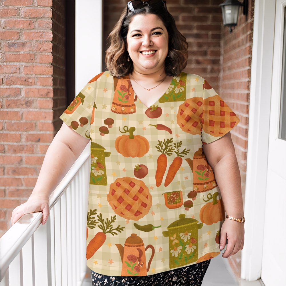 Women's V-Neck Pocket Cartoon Series Printed Scrub Top TW10147