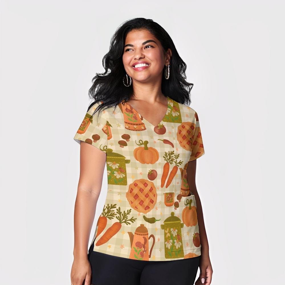 Women's V-Neck Pocket Cartoon Series Printed Scrub Top TW10147