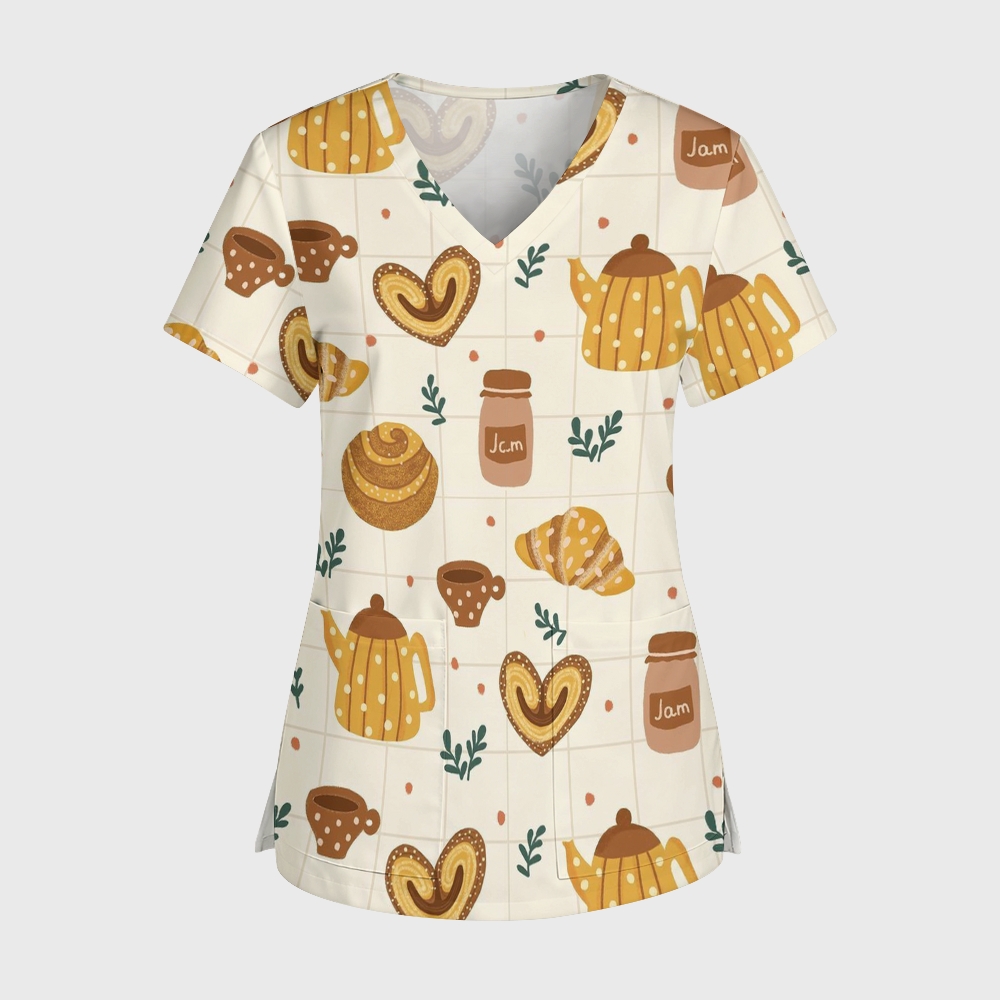 Women's V-Neck Pocket Cartoon Series Printed Scrub Top TW10148